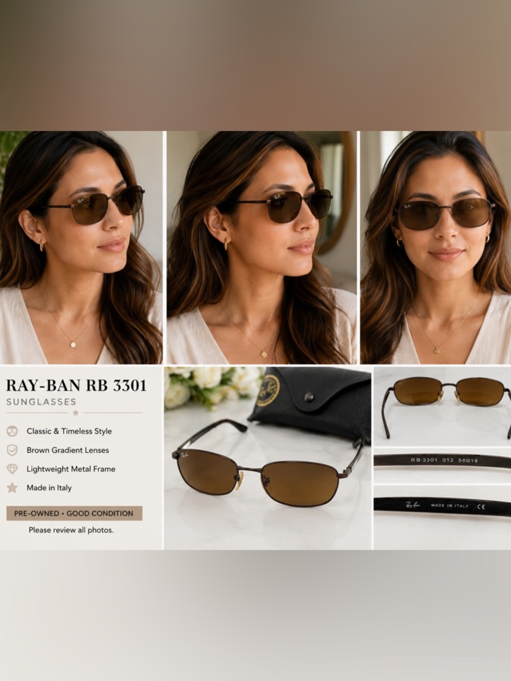 Ray-Ban RB3301 012 Brown Metal Rectangle Sunglasses w/ Case Made in Italy